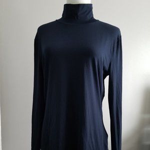 ST JOHN Caviar Turtleneck Long Sleeve Navy Blue Nylon Top/Shirt Sz L